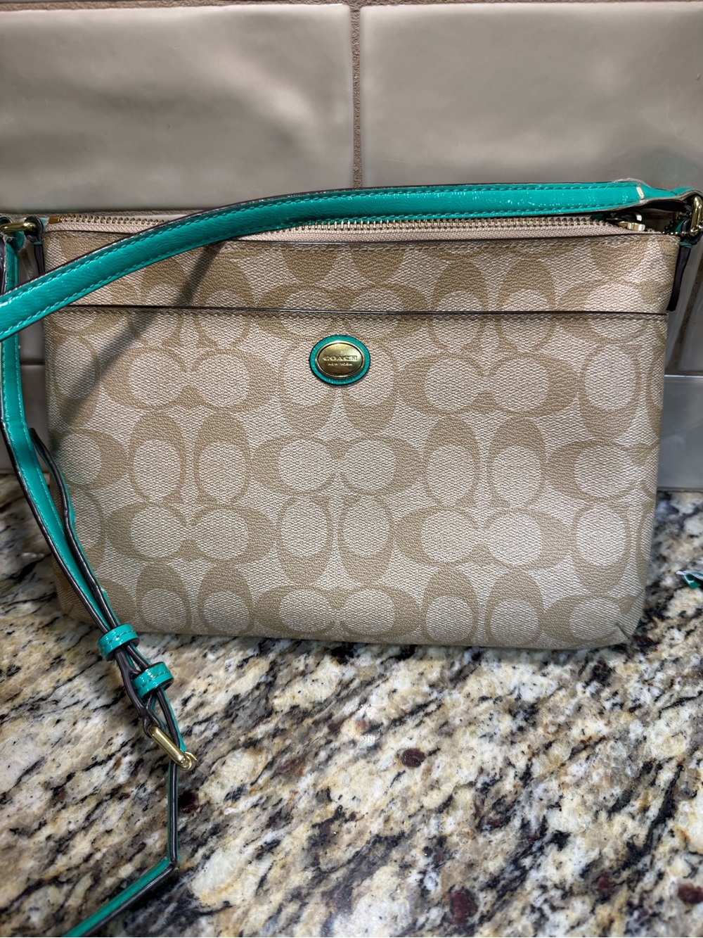 Coach Khaki Signature Crossbody with Turquoise Trim